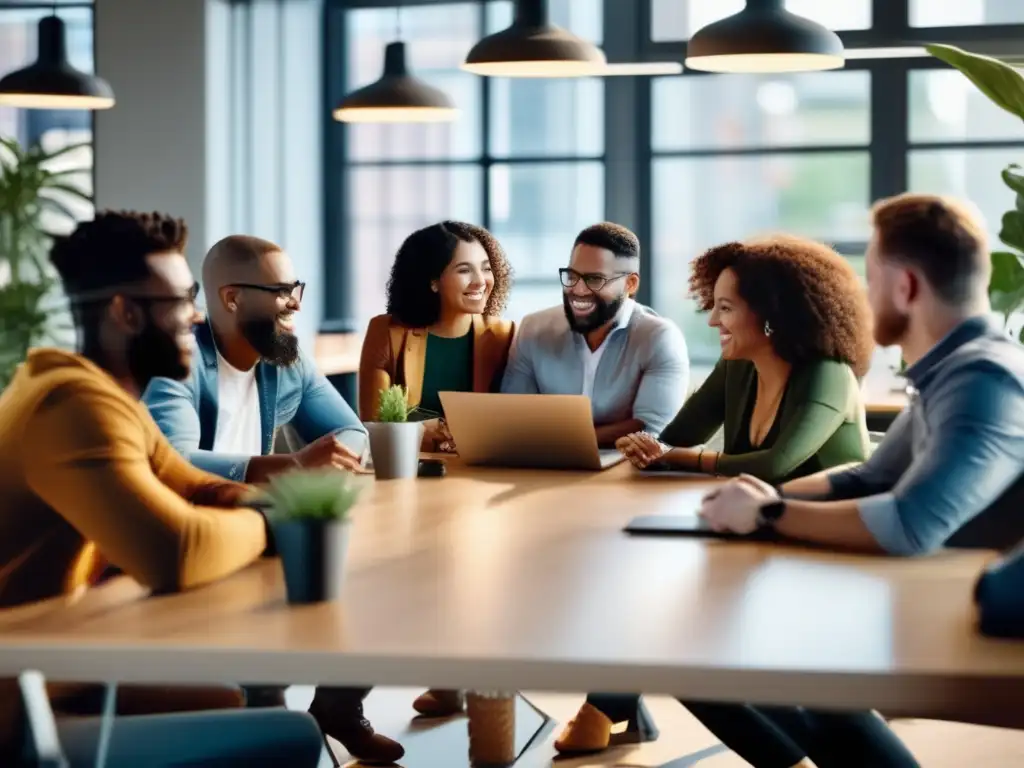 Emprendedores colaborando en espacio coworking Grupo diverso de emprendedores en espacio coworking, con luz natural y ambiente vibrante, colaborando en proyectos de startups