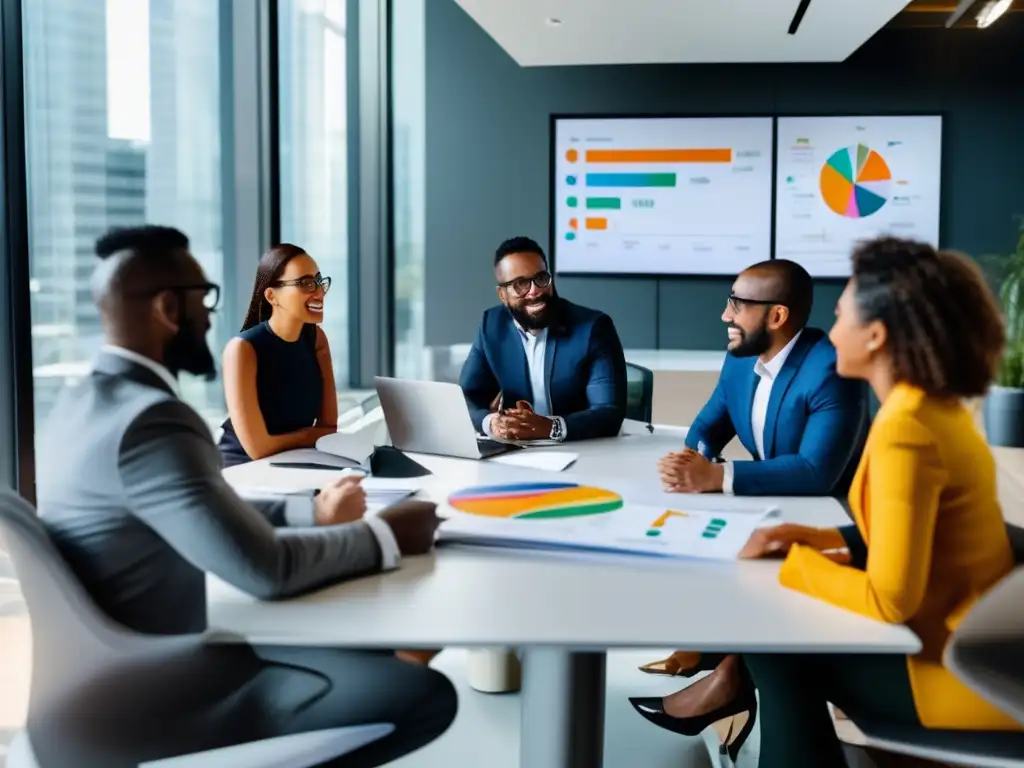 Emprendedores discuten en oficina moderna Grupo diverso de emprendedores discutiendo en una oficina moderna, buscando fuentes de financiamiento para startups