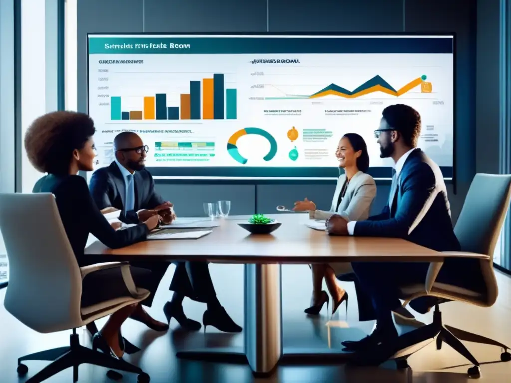 Reunión de expertos en inversión Grupo diverso discutiendo estrategias de inversión en una sala moderna y bien iluminada