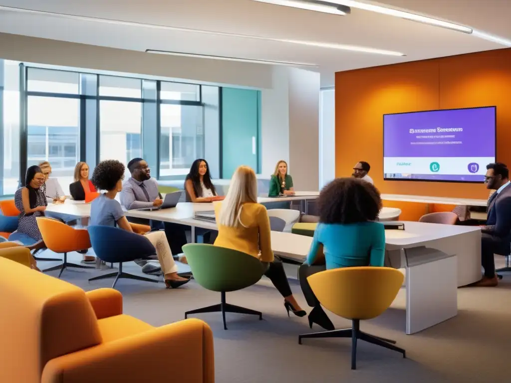 Aprendizaje colaborativo en aula moderna Grupo diverso aprendiendo con estrategias de inversión en plataformas educativas