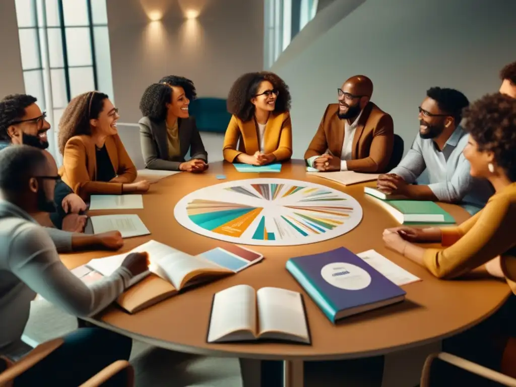 Inclusión financiera y educación colaborativa Grupo diverso discutiendo sobre educación financiera, destacando la inclusión y empoderamiento (Inclusión financiera a través de la educación)