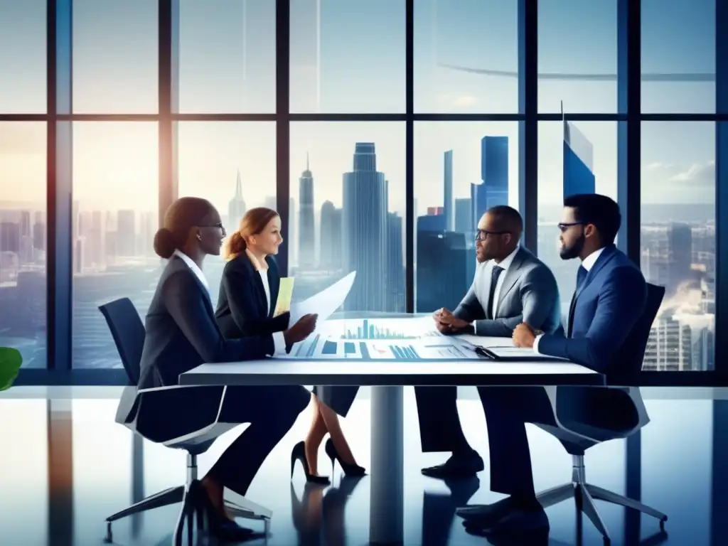 Reunión financiera: Experto y colaborativo Grupo diverso discute finanzas en mesa con gráficos y gráficas