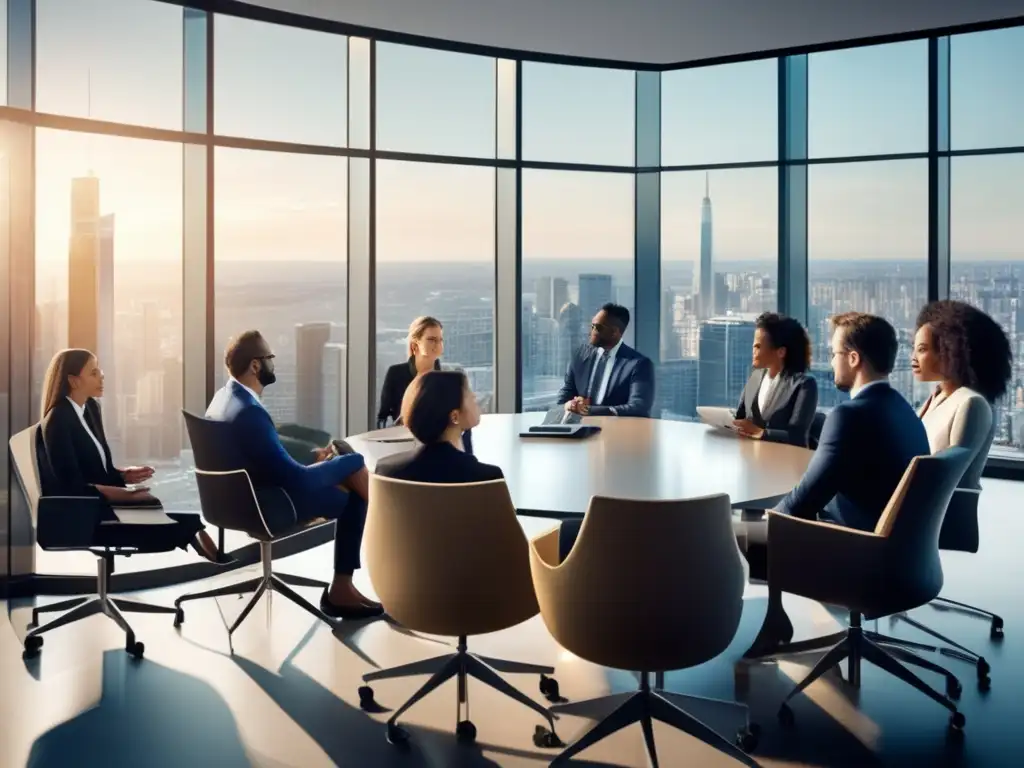 Reunión profesional sobre fondos de índice Grupo diverso discutiendo sobre fondos indexados en una oficina moderna (110 caracteres)