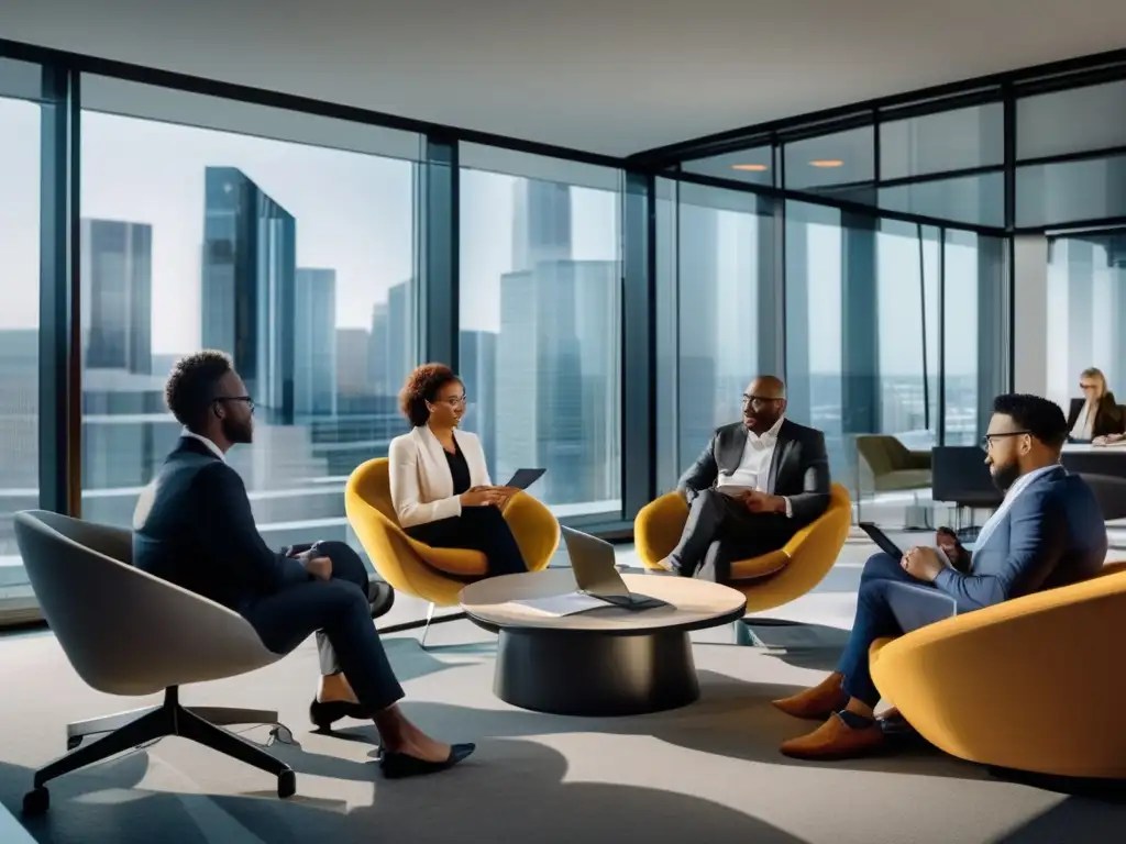 Grupo diverso en oficina moderna, analizando inversiones Grupo diverso construyendo inmunidad psicológica financiera
