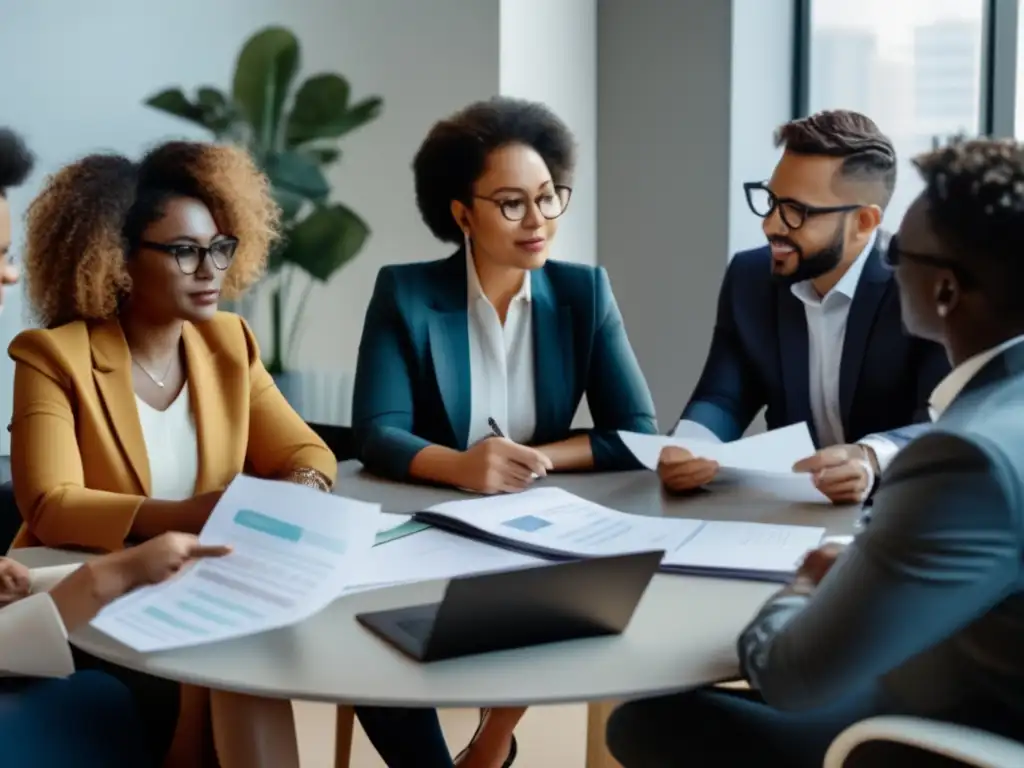 Grupo diverso discutiendo inversiones éticas Grupo diverso analiza inversiones éticas y rentabilidad inclusiva