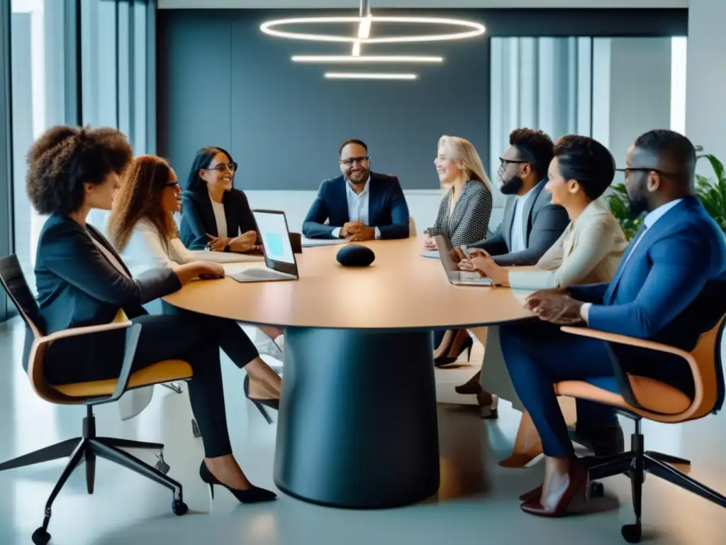 Grupo diverso de inversores en una sala de reuniones moderna y sofisticada Grupo diverso de inversores en una oficina contemporánea discutiendo fiscalidad en startups