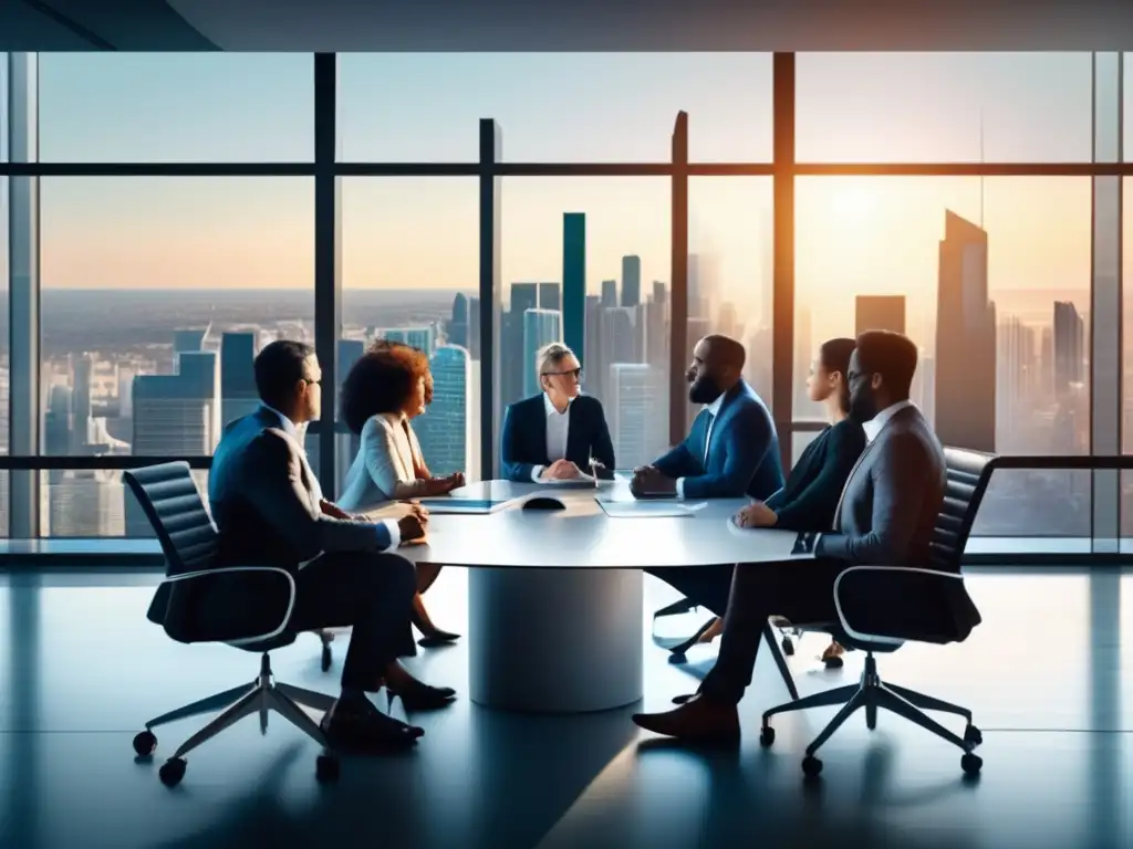 Inversionistas analizando ETFs Grupo diverso de inversores en una reunión, con vista a la ciudad y fiscalidad de los ETFs