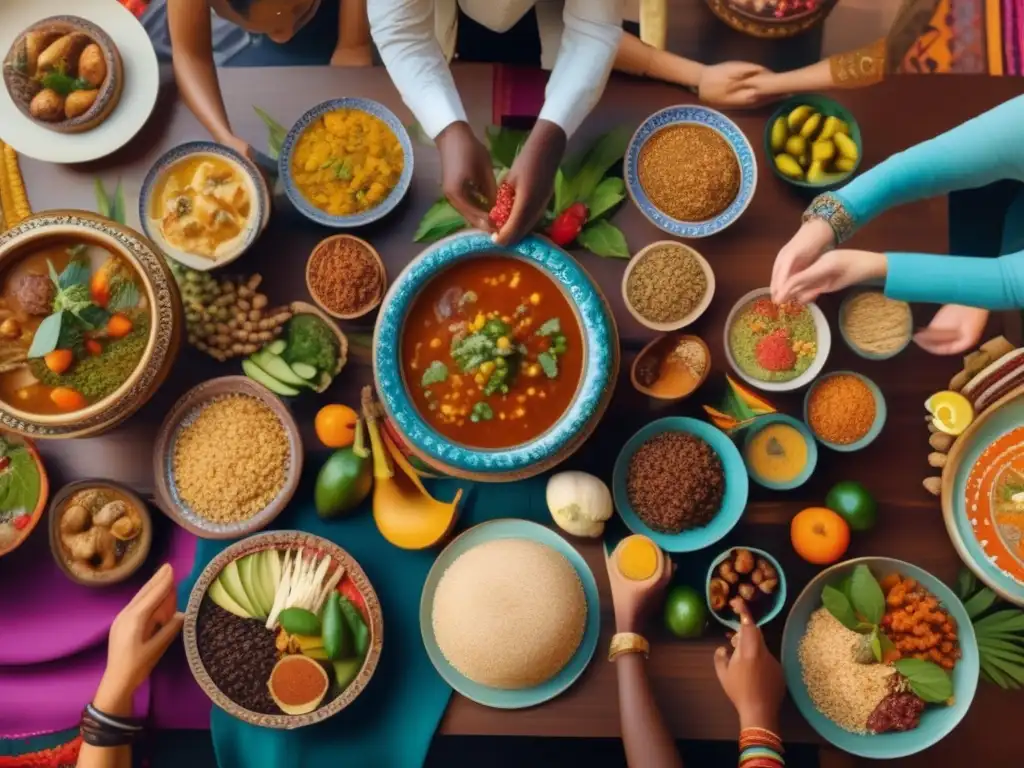 Celebración de diversidad cultural Grupo diverso alrededor de una mesa con comida y artefactos culturales - Mitos financieros supersticiones