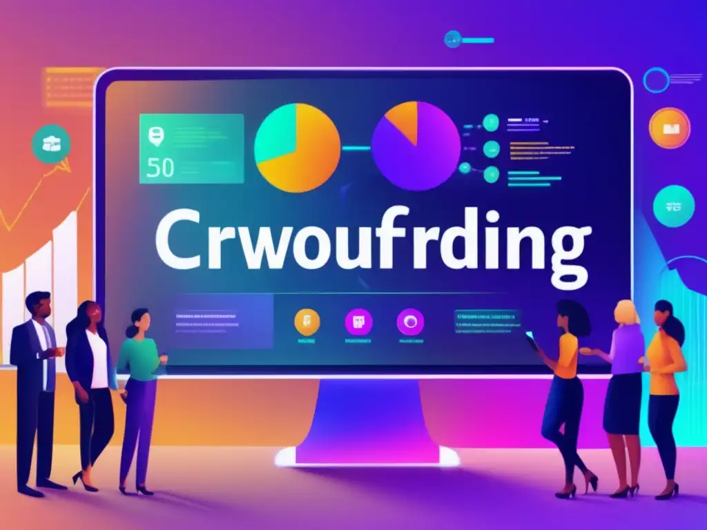 Crowdfunding financiero con pantalla digital y personas Grupo diverso analizando opciones de inversión en plataforma de crowdfunding para inversiones financieras