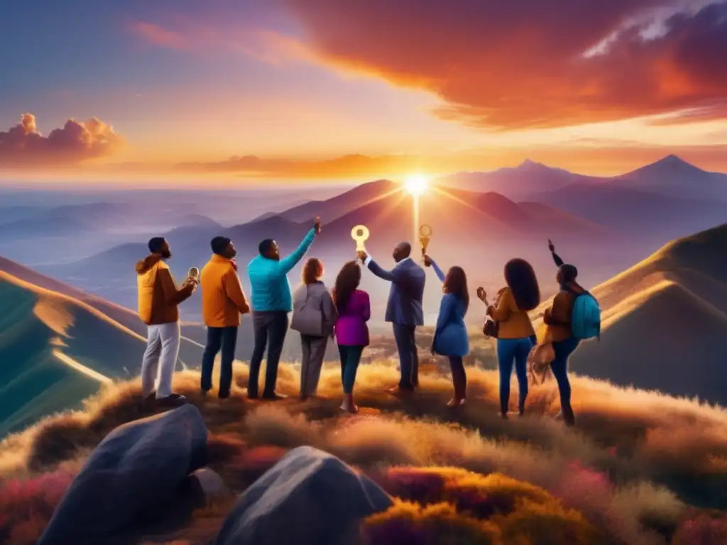Grupo diverso en la cima de una montaña con llaves doradas Un grupo diverso de personas en la cima de una montaña, con llaves doradas, simbolizando la libertad financiera