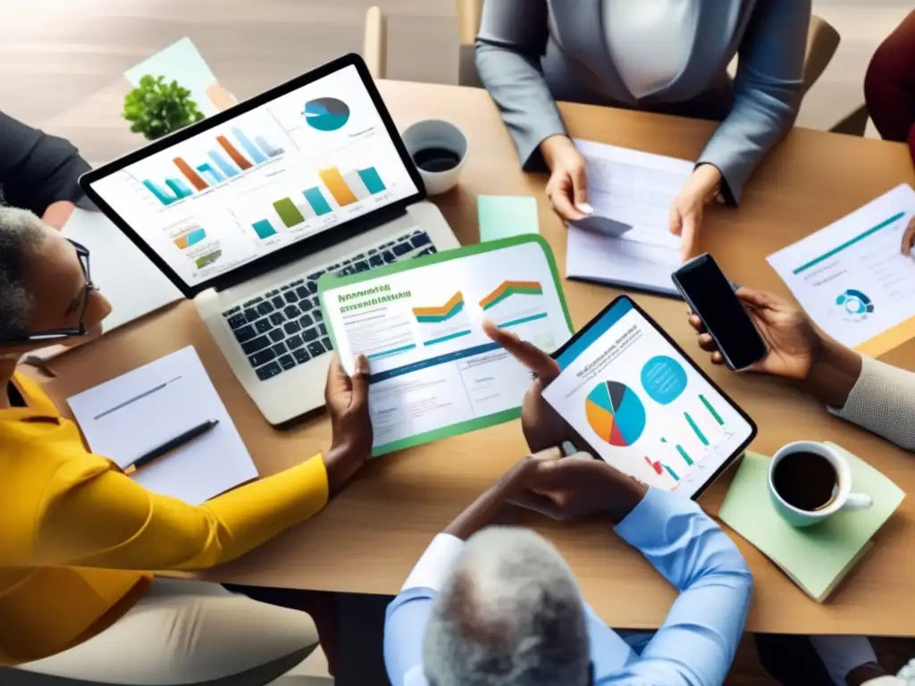 Grupo diverso discute estrategias de inversión y ahorro para la jubilación Grupo diverso de personas discutiendo estrategias de inversión y planificación para la jubilación con documentos y tecnología moderna