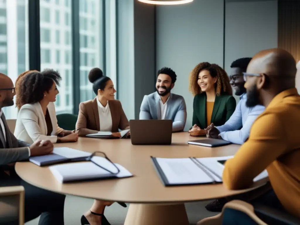 Reunión diversa para un sistema financiero inclusivo Grupo diverso de personas en una oficina moderna discutiendo estrategias para promover un sistema financiero inclusivo