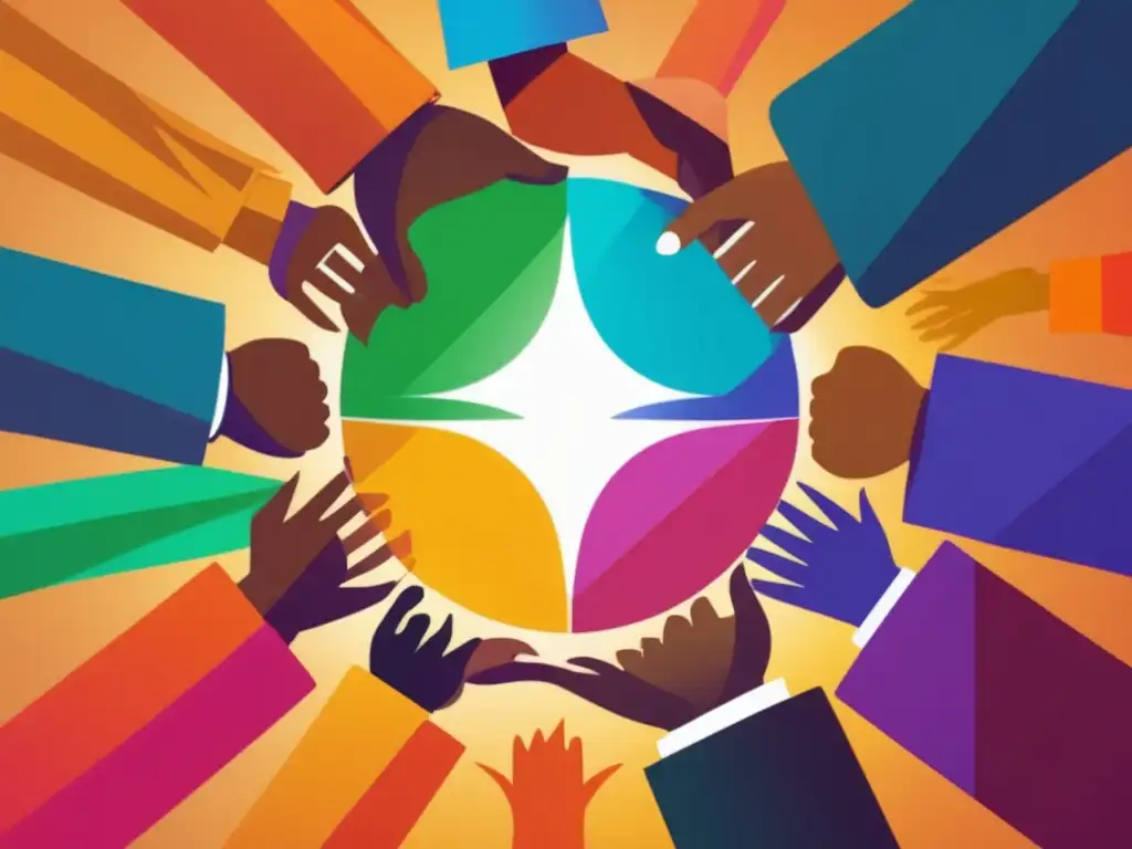 Grupo diverso de personas unidas por la diversificación de inversiones Grupo diverso de personas unidas con símbolos de inversiones, destacando ETFs para diversificar y gestionar riesgos