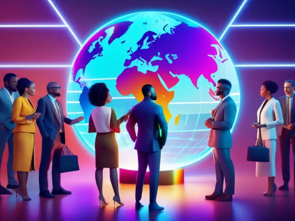 Grupo diverso de profesionales en oficina moderna con holograma Grupo diverso de profesionales discutiendo sobre bolsa global con tecnología holográfica