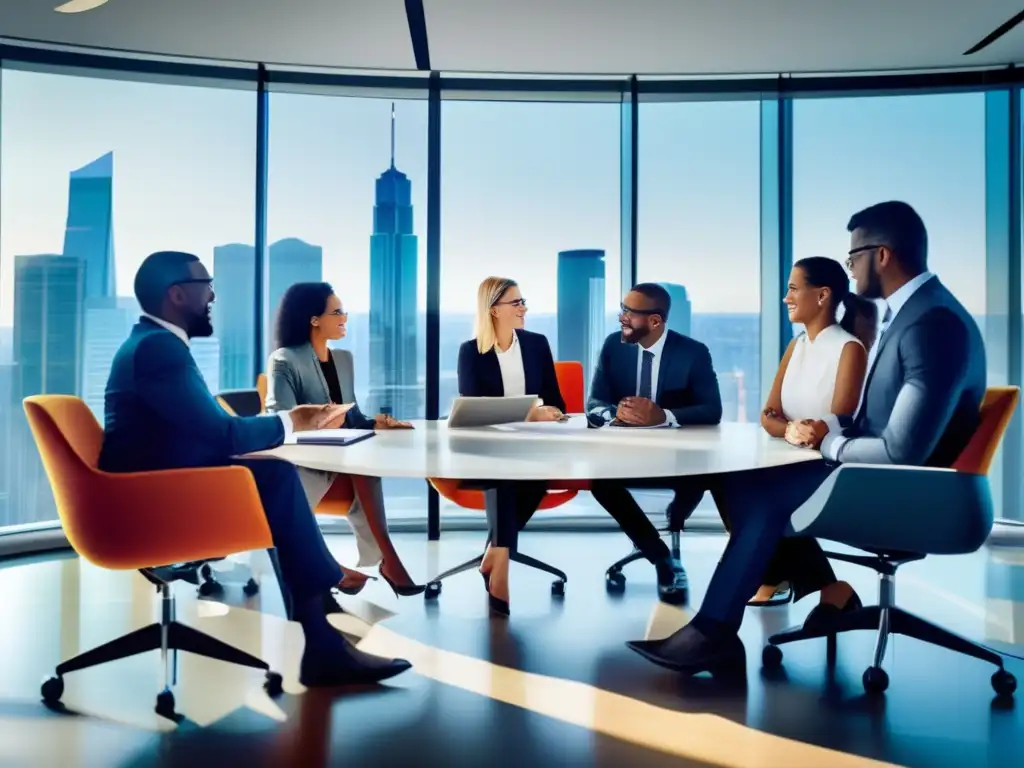 Grupo diverso discutiendo finanzas Grupo diverso de profesionales analizando documentos y discutiendo beneficios fiscales de seguros de vida en una oficina moderna y luminosa