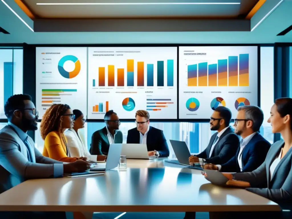 Profesionales analizando inversión Grupo diverso de profesionales analizando mitos en benchmarks de inversión
