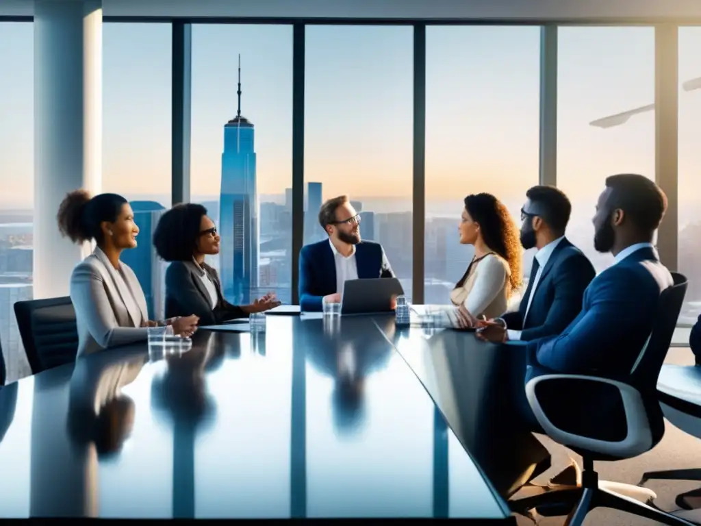 Profesionales discutiendo sobre crowdlending Grupo diverso en una reunión sobre crowdlending, con profesionales vestidos y vista panorámica de la ciudad