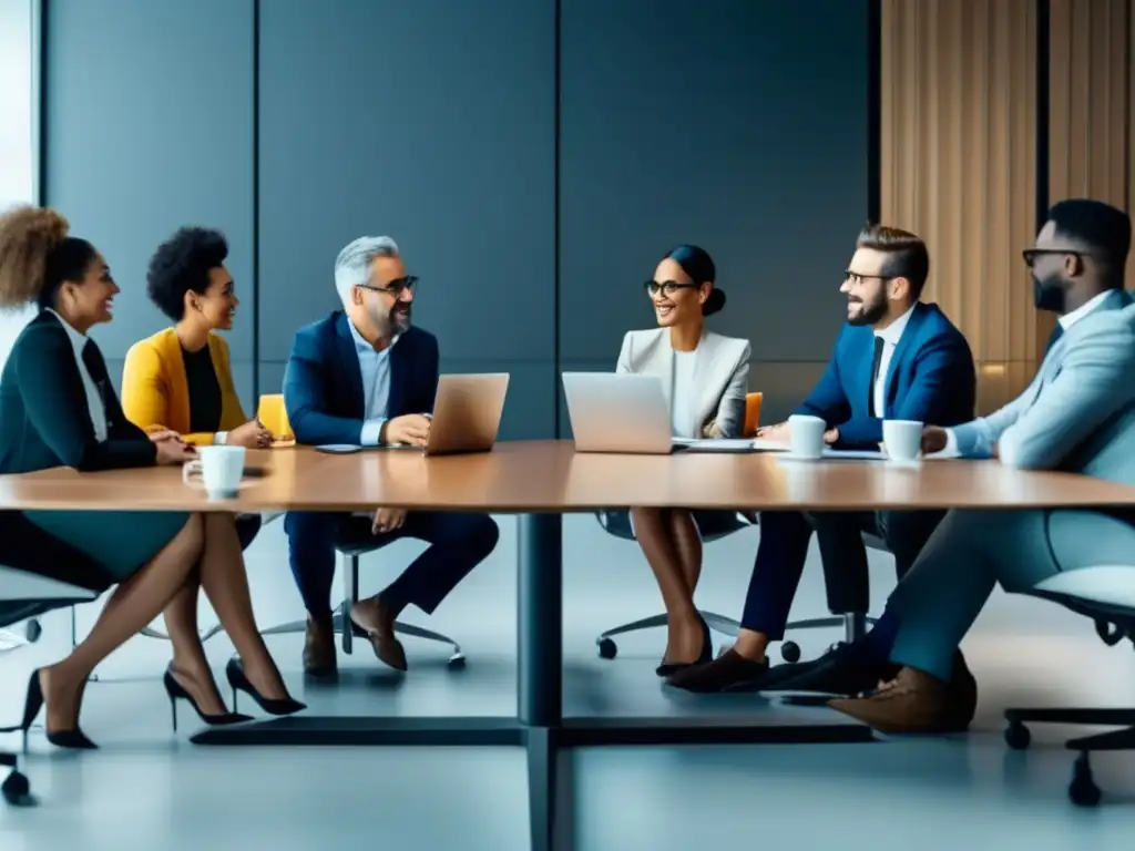 Reunión colaborativa en oficina moderna Grupo diverso en reunión empresarial discutiendo sesgo de atribución financiero