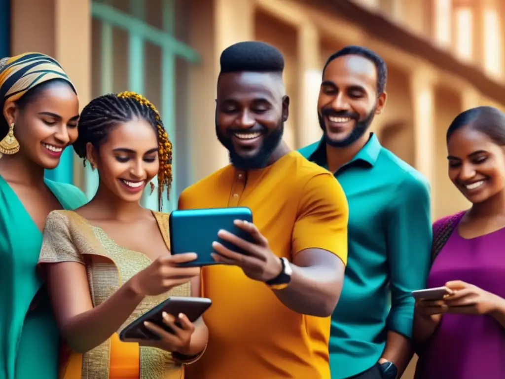 Grupo diverso disfrutando servicios de banca móvil Grupo diverso en torno a plataforma de banca móvil: microfinanzas móviles inclusión financiera
