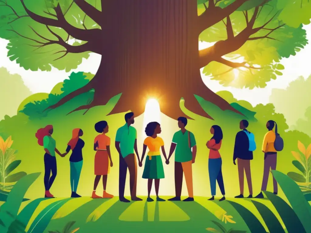 Grupo diverso reunido alrededor de un árbol en el bosque Grupo diverso unido bajo un árbol en la naturaleza, reflejando los valores de una empresa con propósito identificable