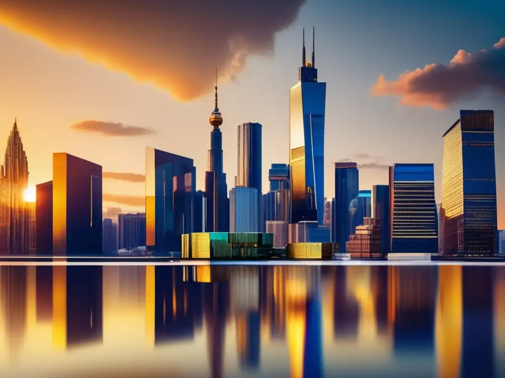 Ciudad moderna al atardecer con oro Guía fiscal inversión materias primas en moderna ciudad al atardecer con rascacielos de vidrio reflejando la luz dorada