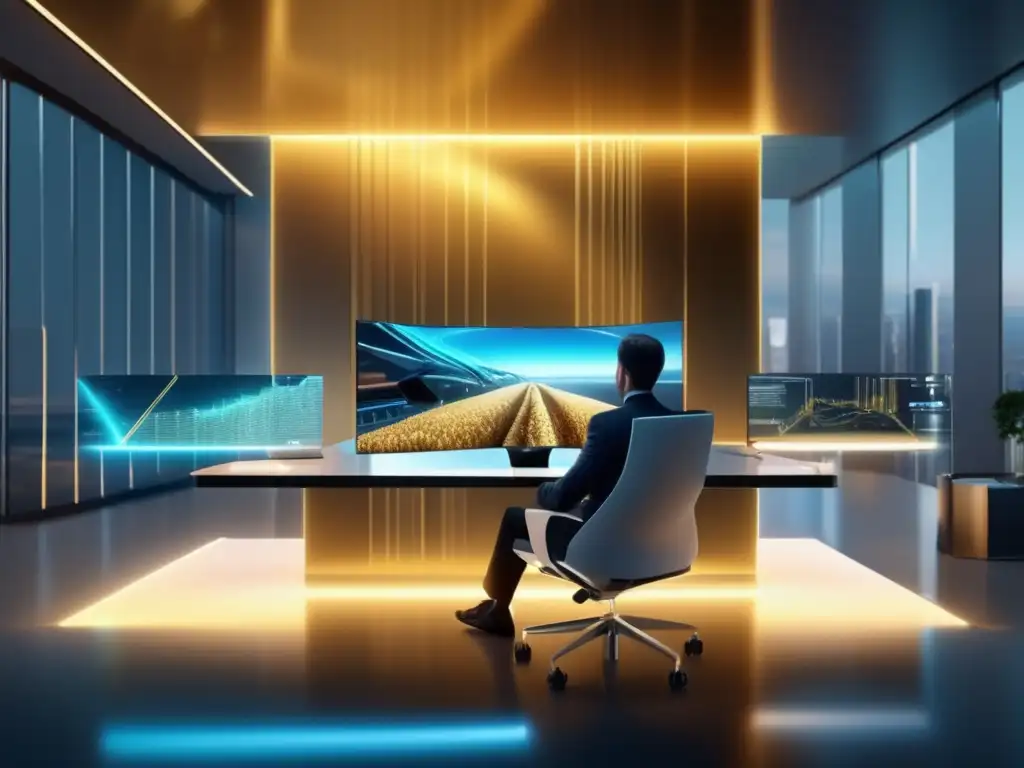 Inversionista analizando datos holográficos Guía fiscal inversión materias primas: Oficina moderna, inversor analiza datos en holograma, materiales: oro, petróleo, trigo, cobre