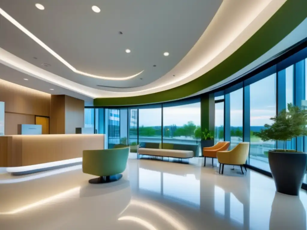 Moderna recepción de hospital Guía inversiones acciones sector salud: Lobby moderno hospital con ventanas piso-techo, luz natural, diseño minimalista, personal amable y profesional