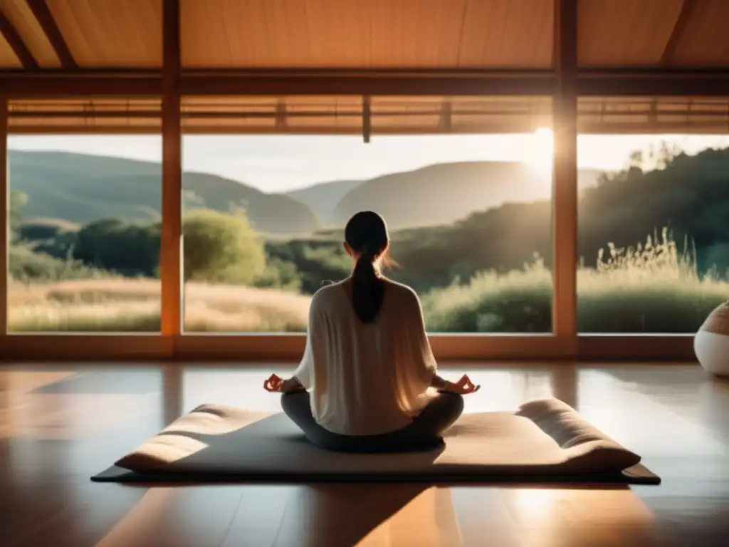 Sala de meditación con vista a paisaje natural Meditación en una habitación con vista a la naturaleza, transmitiendo calma y paz