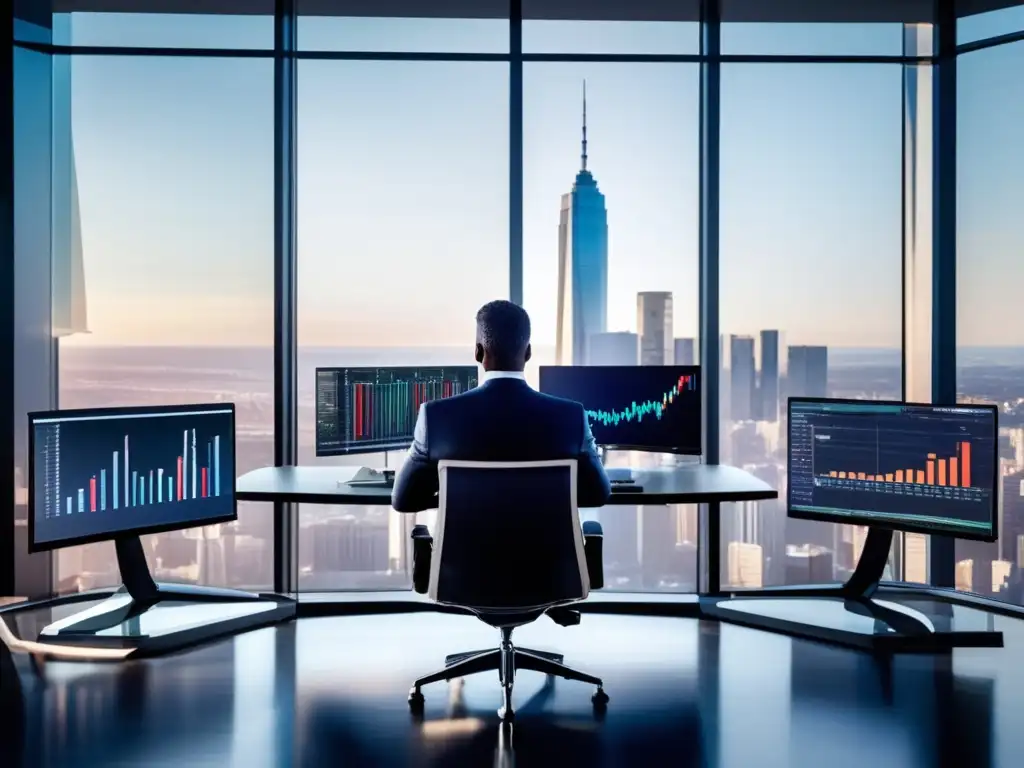 Inversionista profesional analizando datos en oficina moderna Hábitos y estrategias del inversor exitoso en plataformas tradicionales: imagen de inversor profesional enfocado en análisis financiero