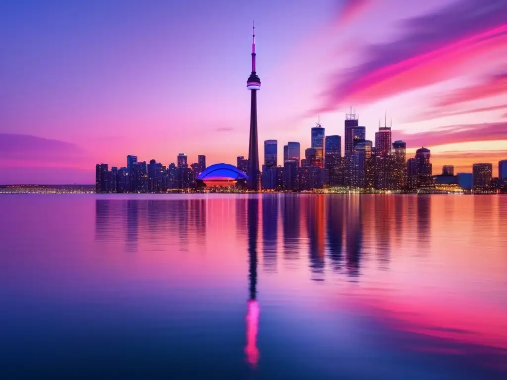Skyline Toronto at sunset Hermoso atardecer en el horizonte de Toronto, Canadá, con la CN Tower y el lago Ontario reflejando la magnífica belleza de la ciudad