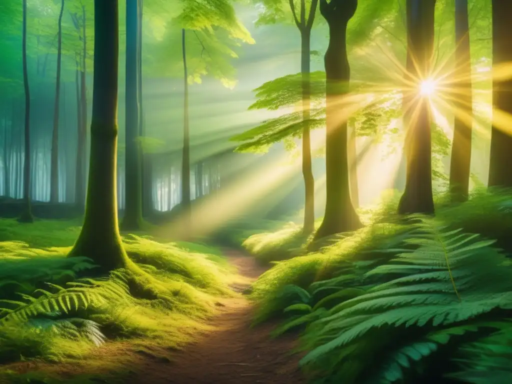 Bosque verde exuberante bañado en luz dorada Hermoso bosque verde: guía inversiones sostenibles principiantes