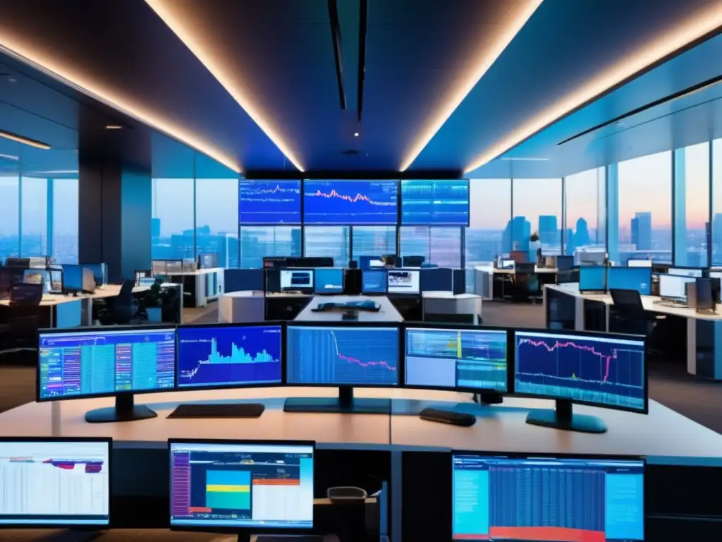 Moderna sala de trading con tecnología avanzada Herramientas de análisis técnico del mercado en una moderna sala de operaciones con oficinas de cristal y tecnología de última generación