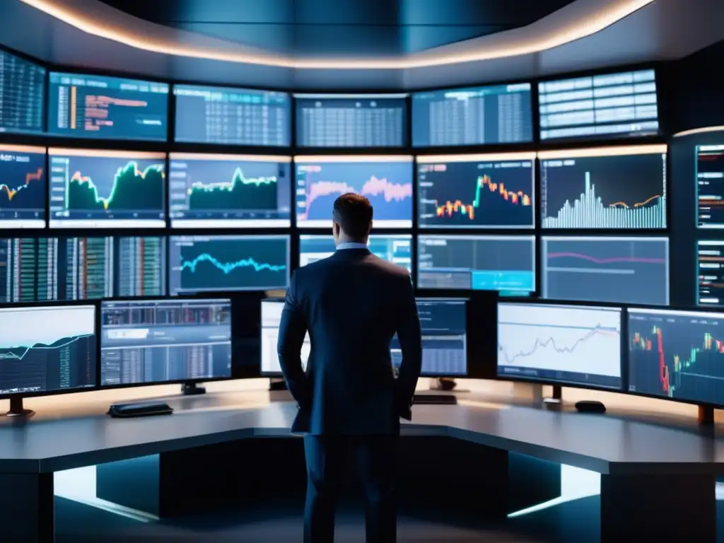 Traders analizando gráficos en una moderna sala de trading Herramientas análisis técnico trading: trading floor moderno, traders enfocados, tecnología avanzada
