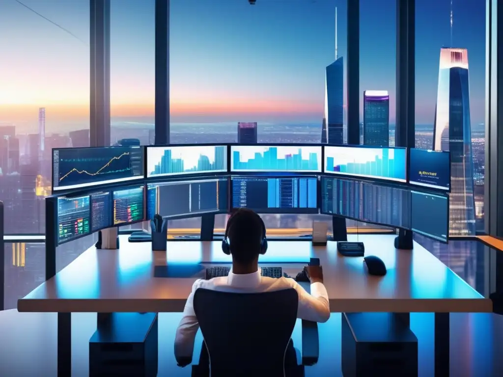 Moderno escritorio de trading con vista panorámica Herramientas análisis volatilidad mercado, trading desk futurista con vista panorámica de la ciudad, monitores y operaciones de trader
