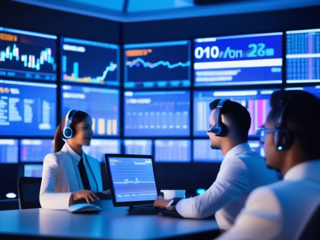 Traders analizando datos de mercado en una sala futurista Herramientas análisis volatilidad mercado | Trading futurista, expertos analizando gráficos y datos en tiempo real en una sala moderna y tecnológica