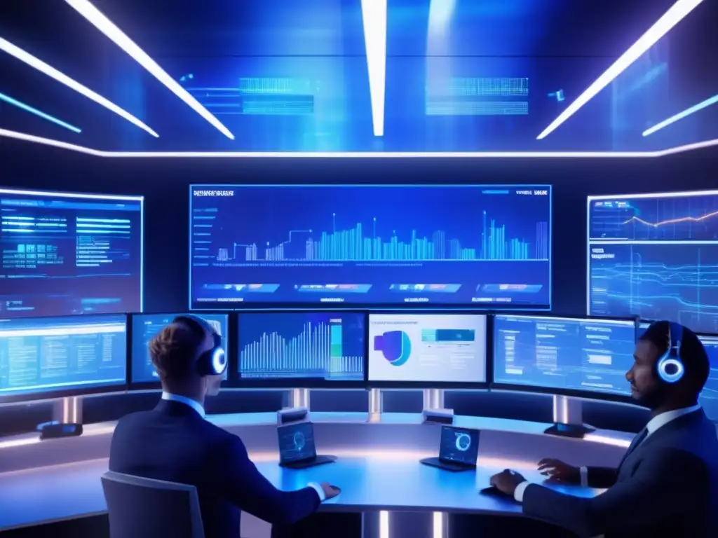 Futuro trading floor con tecnología avanzada y traders en acción Herramientas de analítica predictiva en trading: Futuro trading floor con pantallas transparentes mostrando datos en tiempo real y analíticas, traders en discusiones enfocadas, gráficos flotantes y tecnología avanzada