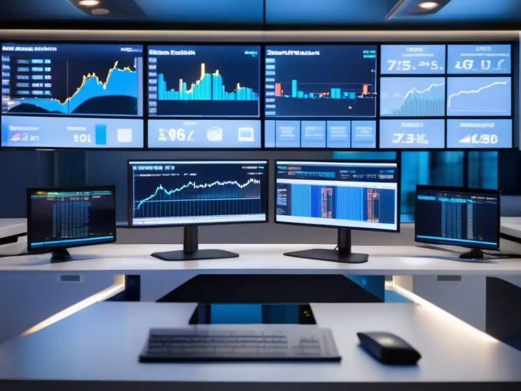 Trading desk moderno con pantallas mostrando datos de mercado Herramientas de analítica predictiva en trading