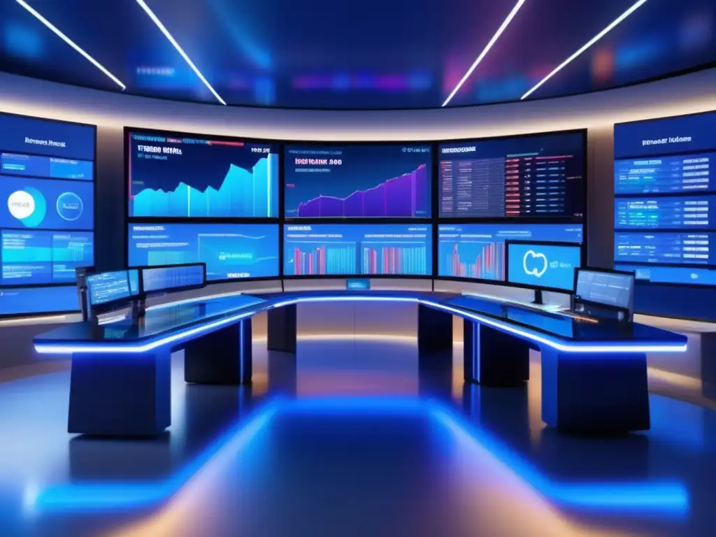 Análisis financiero en tiempo real Herramientas de analítica predictiva en trading: Futuro escritorio de trading con pantallas de alta resolución, datos y gráficos en tiempo real