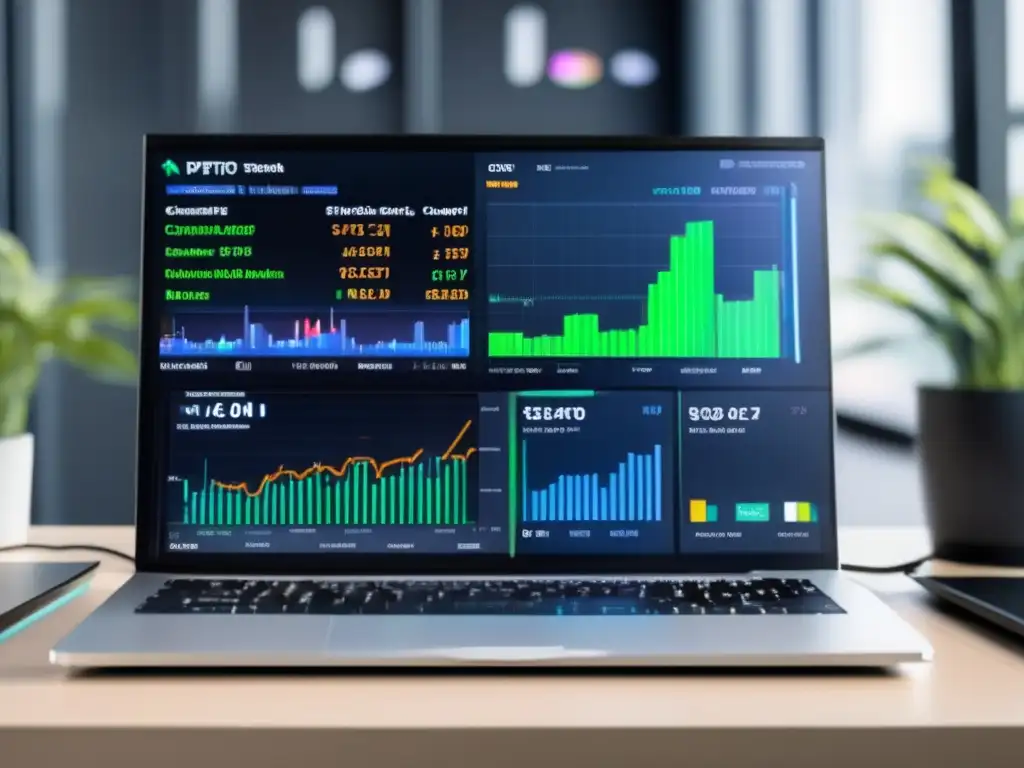 Plataforma de trading de criptomonedas avanzada Herramientas avanzadas para trading de criptomonedas en una plataforma moderna y eficiente en blanco y negro con toques de azul y verde