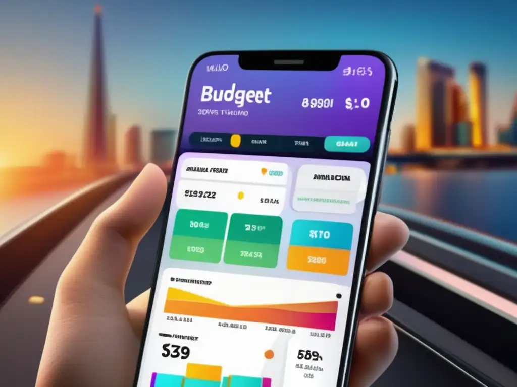 App de presupuesto y gastos con interfaz intuitiva y vibrante Herramientas fintech para control de gastos en una imagen de pantalla de smartphone con app de presupuesto y seguimiento de gastos