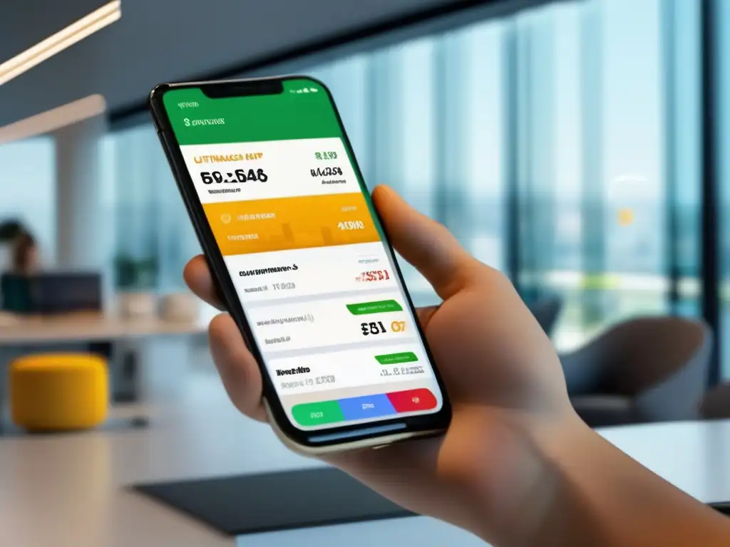 App fintech para gestionar gastos Herramientas fintech para control de gastos en una imagen 8k ultradetallada de una pantalla de smartphone mostrando una app moderna y elegante para la gestión de gastos en una oficina minimalista con luz natural