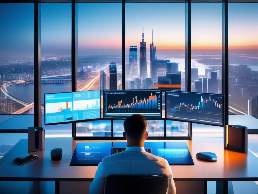 Revolución digital en el análisis financiero Herramientas digitales análisis fundamental en una moderna oficina con vista panorámica a la ciudad