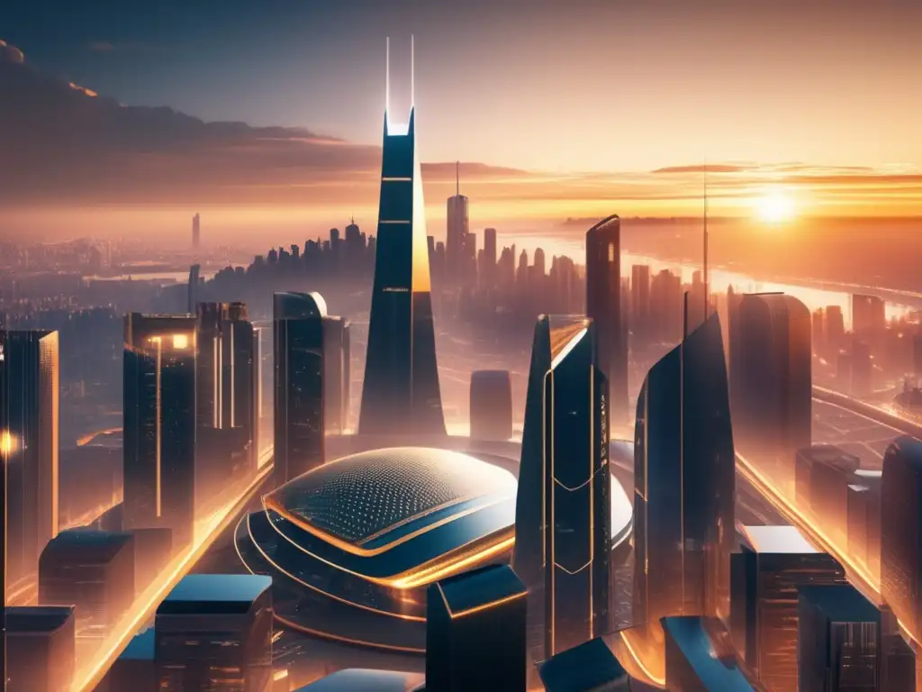 Futuro skyline con rascacielos de vidrio y acero, VR y blockchain Herramientas digitales para inversores visionarios en bienes raíces: Ciudad futurista con rascacielos de vidrio y acero, VR headset y tecnología blockchain
