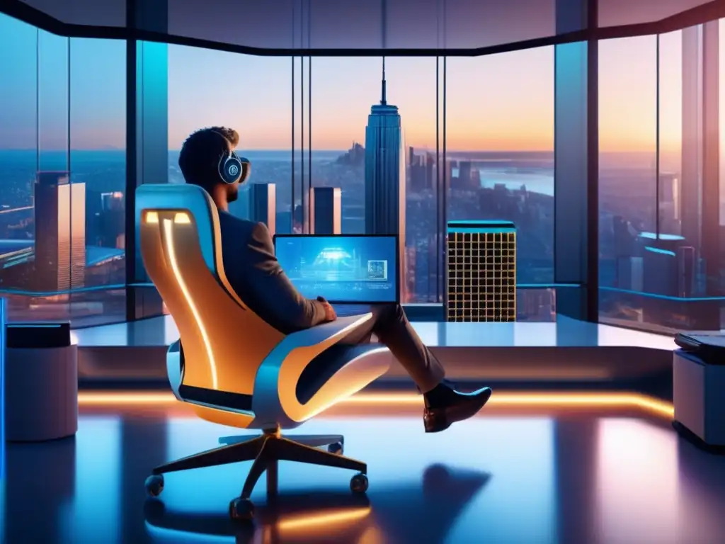 Inversionista futurista analizando datos en oficina de alta tecnología Herramientas digitales para inversores visionarios en bienes raíces en una oficina futurista con vista panorámica a la ciudad