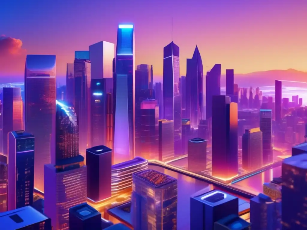 Futuro financiero: inversores y tecnología Herramientas inteligentes para diversificar inversión en una ciudad financiera futurista con rascacielos y datos de mercado en tiempo real
