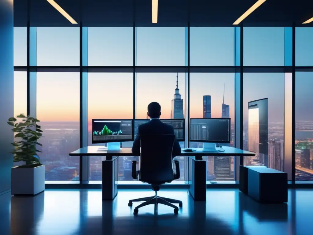 Oficina moderna con vista panorámica de la ciudad y tecnología avanzada Herramientas inteligentes para diversificar inversión en una oficina moderna con vista a la ciudad