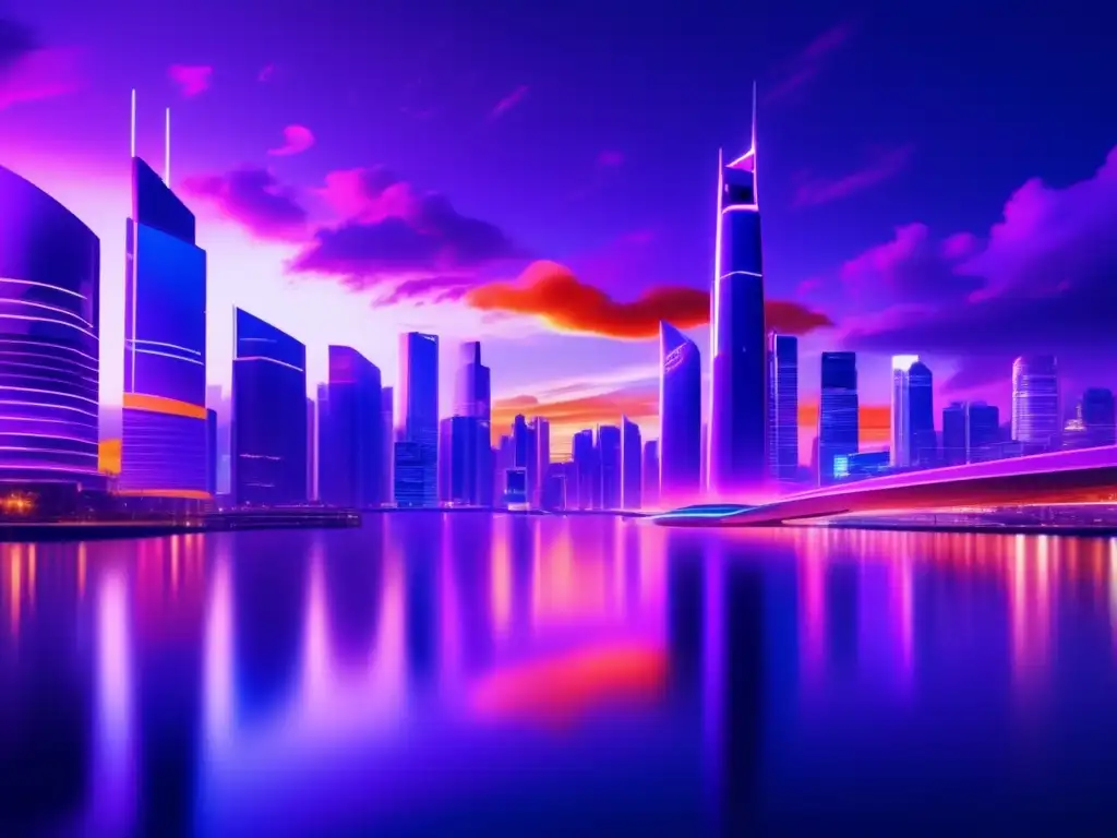 Futuro financiero: Ciudad futurista con rascacielos iluminados Herramientas inteligentes para diversificar inversión en un paisaje futurista de la ciudad al anochecer con rascacielos modernos y señales vibrantes