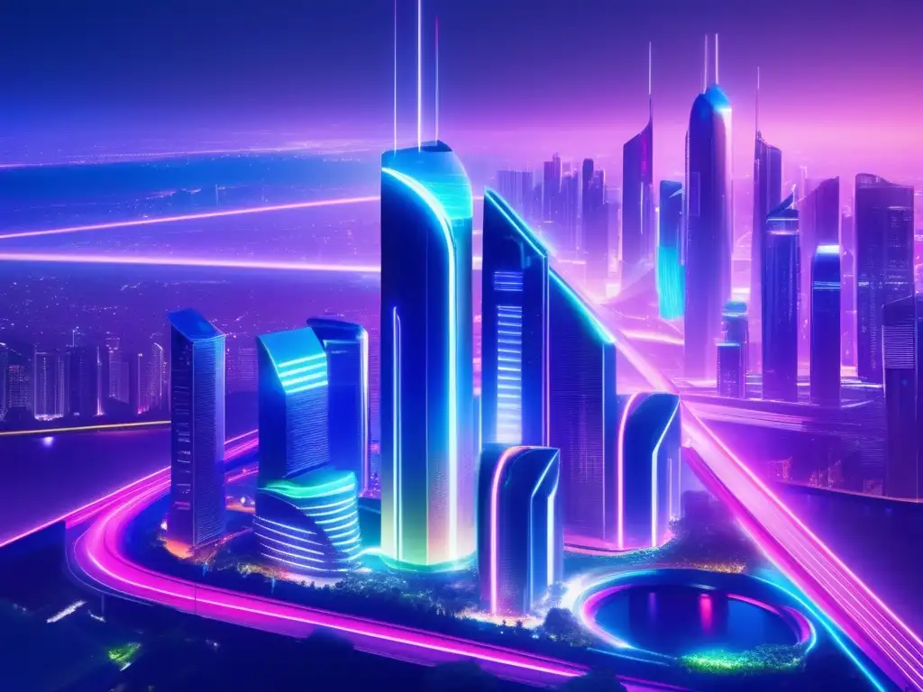 Ciudad futurista con rascacielos y luces neón Herramientas de inversión inteligente en una ciudad futurista con rascacielos relucientes, autos autónomos y un inversor exitoso