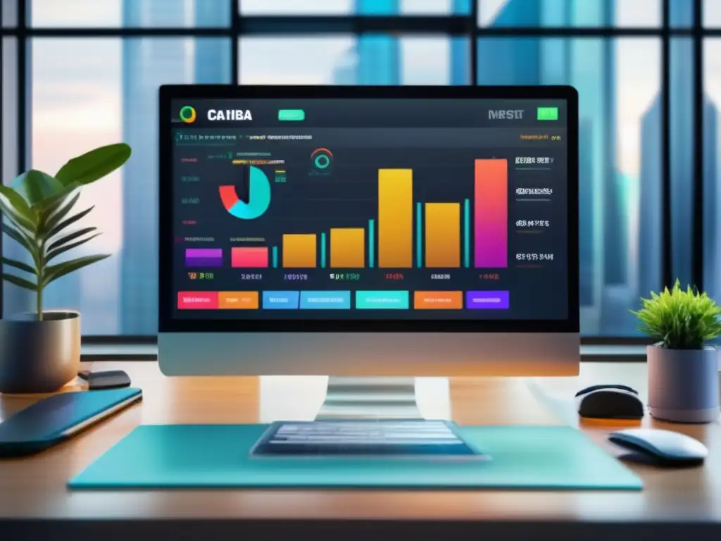 Plataforma financiera moderna con herramientas de inversión Herramientas de inversión inteligente en una plataforma financiera moderna, con gráficos y opciones de inversión