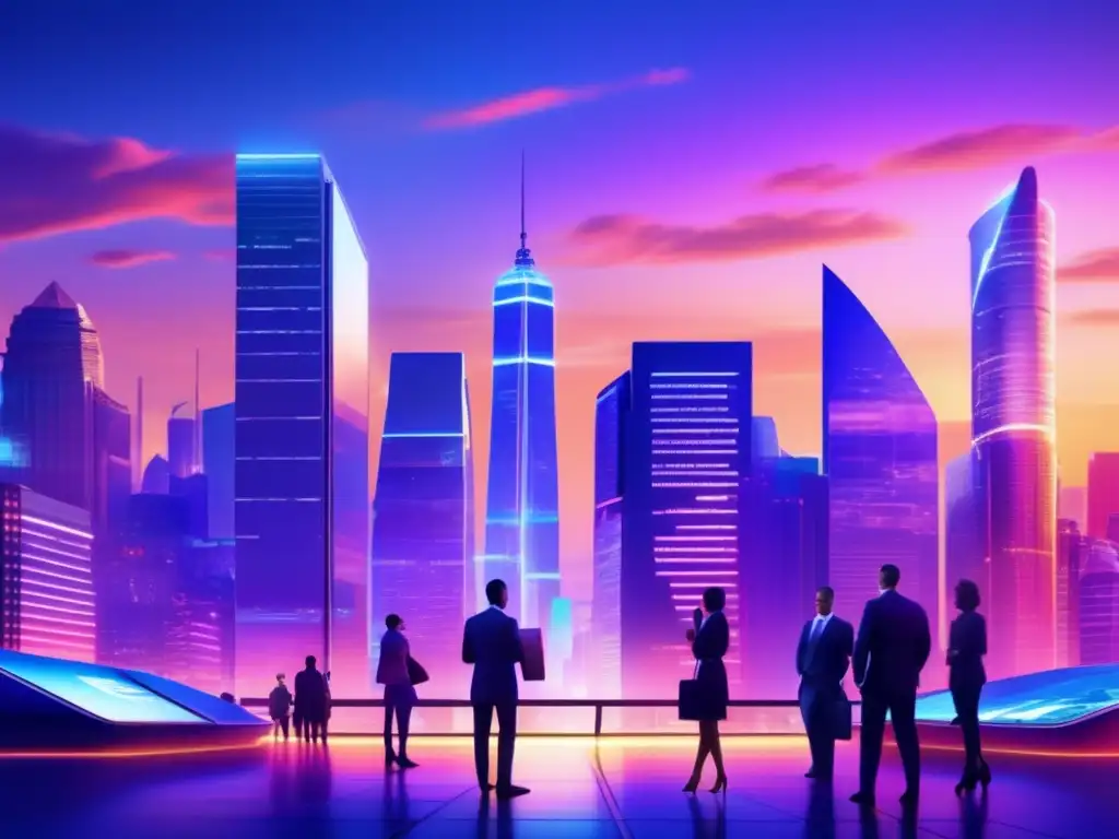 Futuro financiero: ciudad moderna AI Herramientas IA para inversor individual en una futurista ciudad al anochecer con edificios modernos y personas utilizando dispositivos móviles